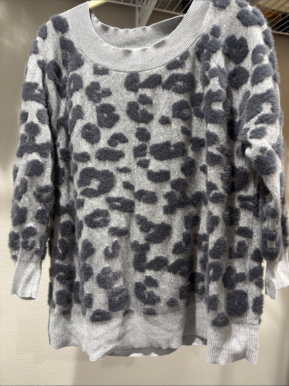 LOFT Gray & Charcoal Fuzzy Leopard Crewneck Sweater
